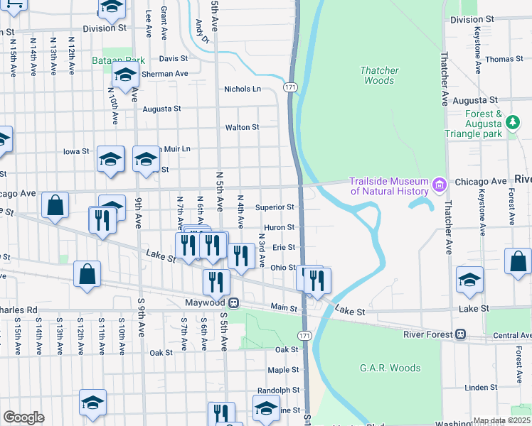 map of restaurants, bars, coffee shops, grocery stores, and more near 515 North 3rd Avenue in Maywood