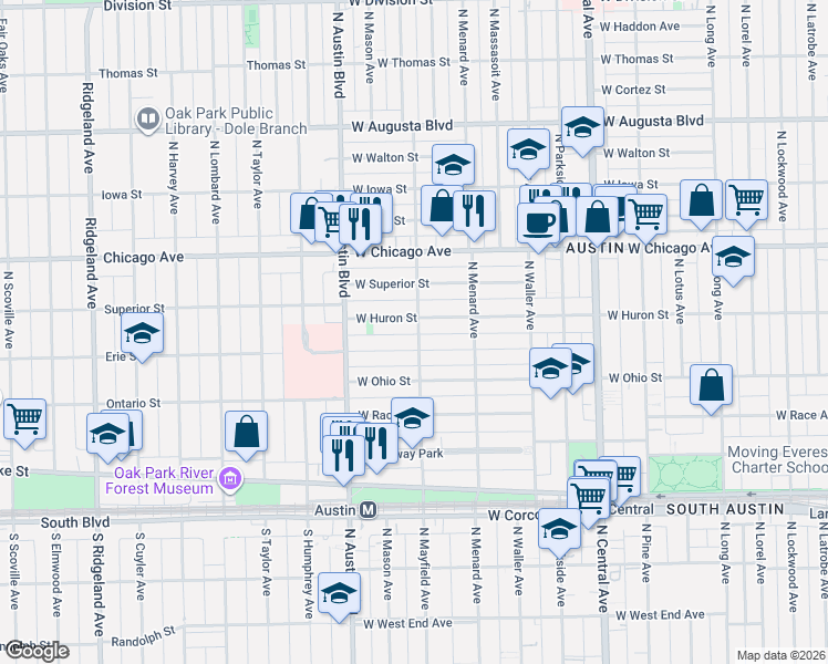 map of restaurants, bars, coffee shops, grocery stores, and more near 5906 West Erie Street in Chicago