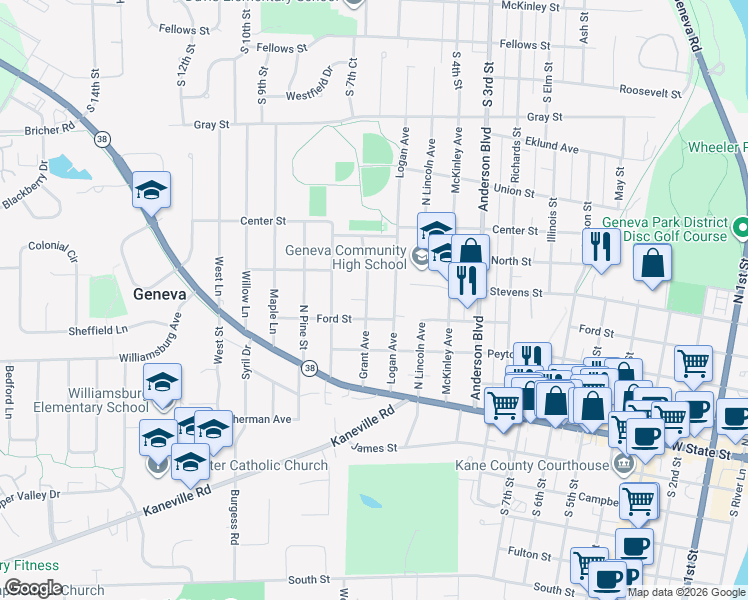 map of restaurants, bars, coffee shops, grocery stores, and more near 321 Grant Avenue in Geneva