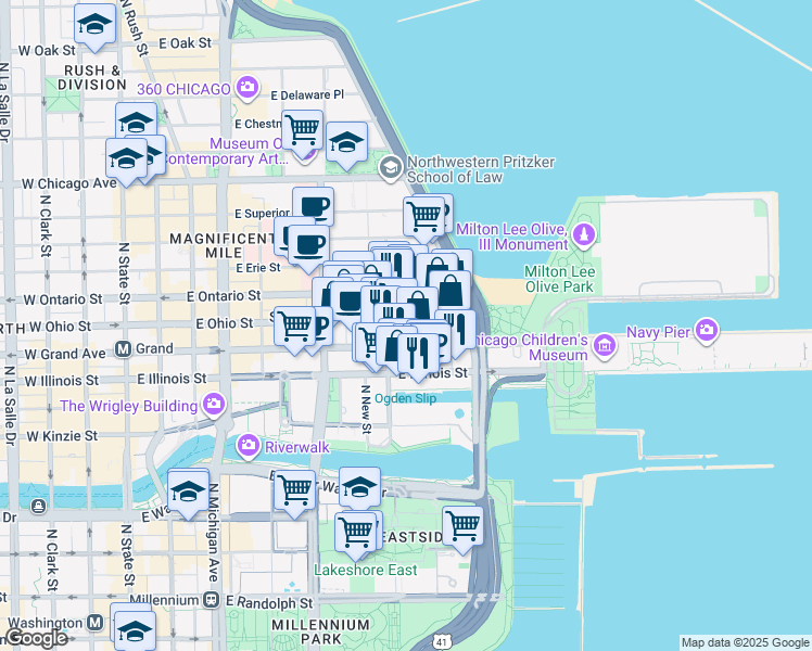map of restaurants, bars, coffee shops, grocery stores, and more near 419 East Ohio Street in Chicago