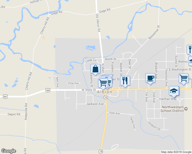 map of restaurants, bars, coffee shops, grocery stores, and more near 27 West Pearl Street in Albion