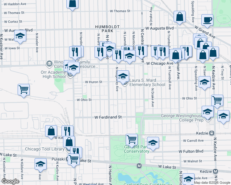 map of restaurants, bars, coffee shops, grocery stores, and more near 602 North Ridgeway Avenue in Chicago
