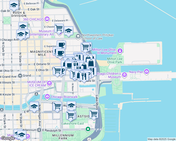 map of restaurants, bars, coffee shops, grocery stores, and more near 455 East Ohio Street in Chicago