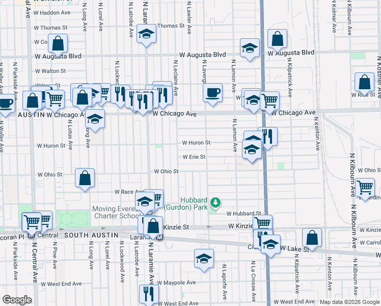 map of restaurants, bars, coffee shops, grocery stores, and more near 5021 West Erie Street in Chicago