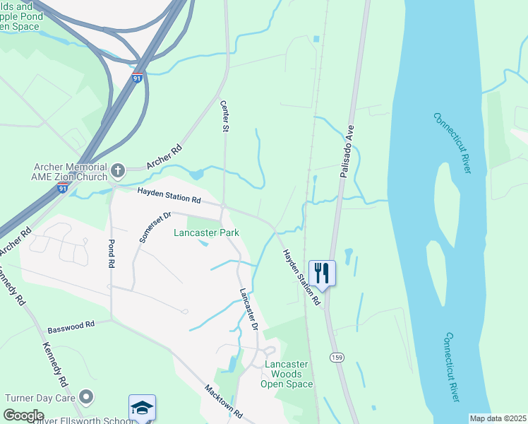 map of restaurants, bars, coffee shops, grocery stores, and more near 130 Hayden Station Road in Windsor