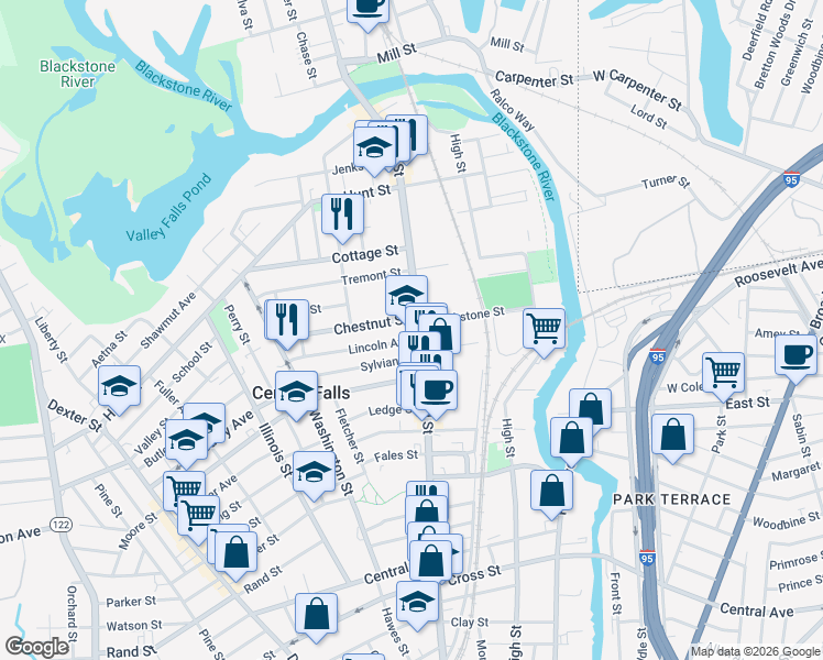 map of restaurants, bars, coffee shops, grocery stores, and more near 21 Lincoln Avenue in Central Falls