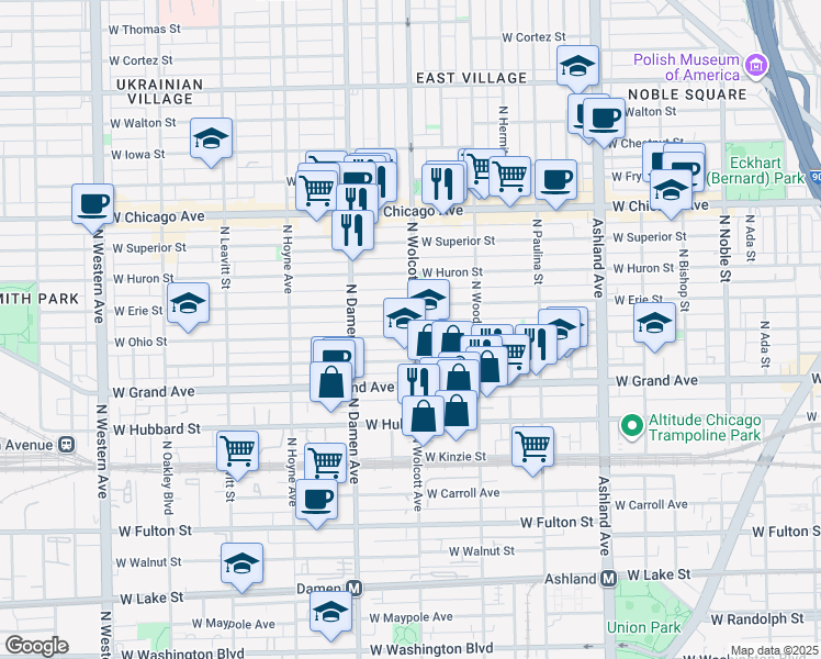 map of restaurants, bars, coffee shops, grocery stores, and more near 1900 West Ohio Street in Chicago