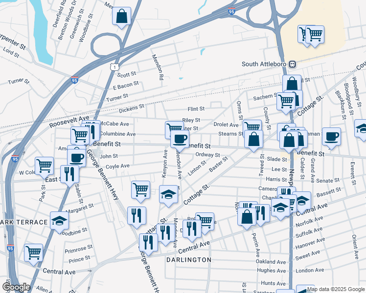 map of restaurants, bars, coffee shops, grocery stores, and more near 1 Ordway Street in Pawtucket
