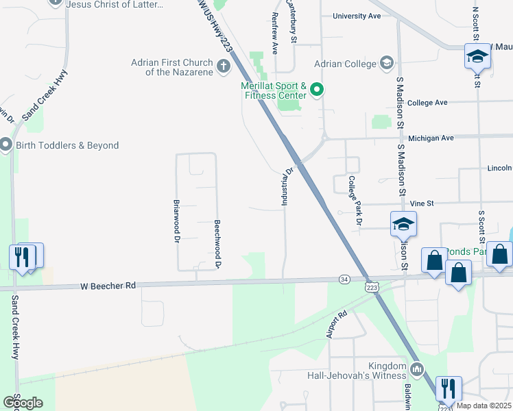map of restaurants, bars, coffee shops, grocery stores, and more near 1470 Enterprise Drive in Adrian