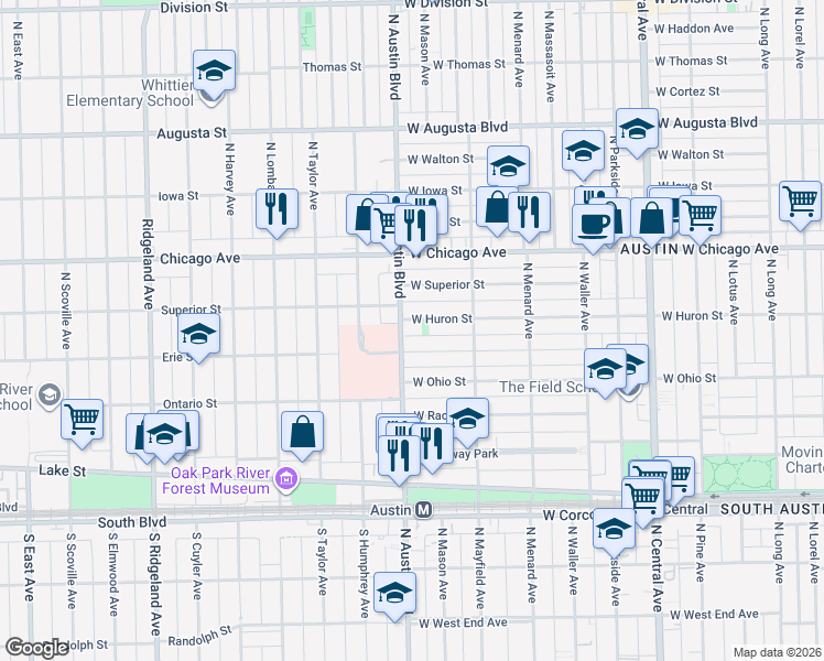 map of restaurants, bars, coffee shops, grocery stores, and more near 5940 West Erie Street in Chicago