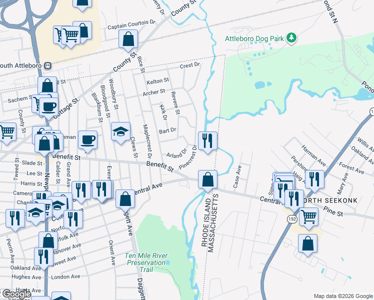 map of restaurants, bars, coffee shops, grocery stores, and more near 39 Pinecrest Drive in Pawtucket