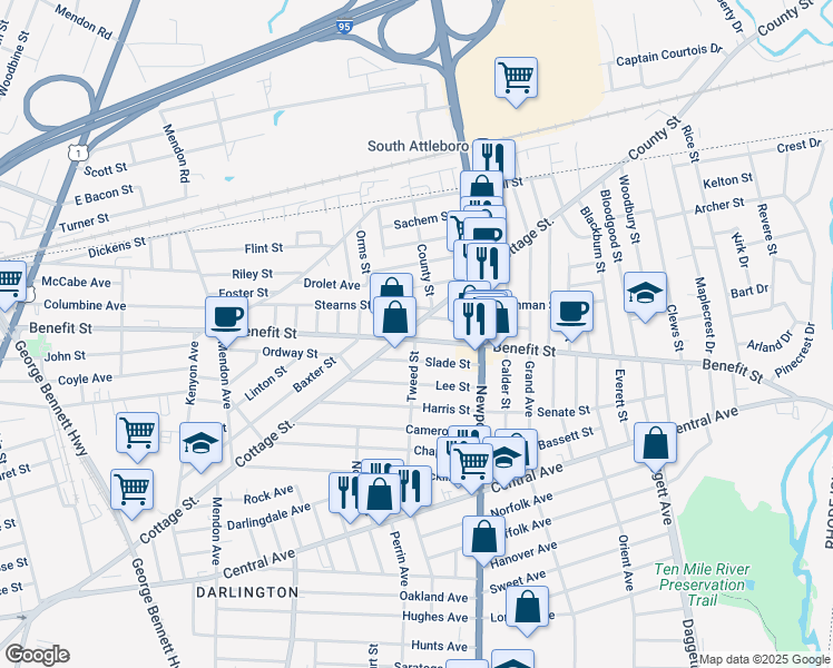 map of restaurants, bars, coffee shops, grocery stores, and more near 40 Slade Street in Pawtucket