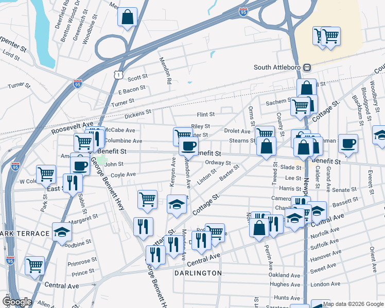 map of restaurants, bars, coffee shops, grocery stores, and more near 1 Ordway Street in Pawtucket