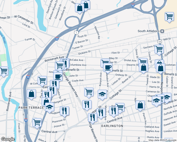 map of restaurants, bars, coffee shops, grocery stores, and more near 133 John Street in Pawtucket