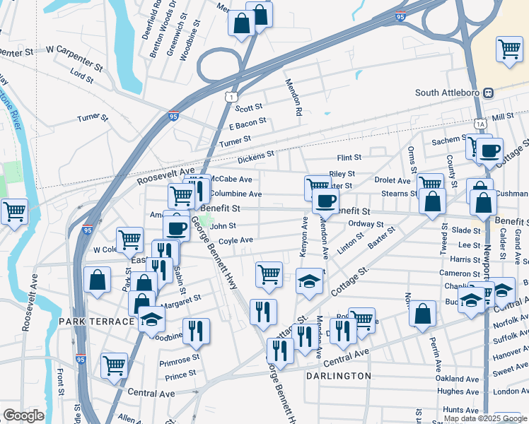 map of restaurants, bars, coffee shops, grocery stores, and more near 133 John Street in Pawtucket