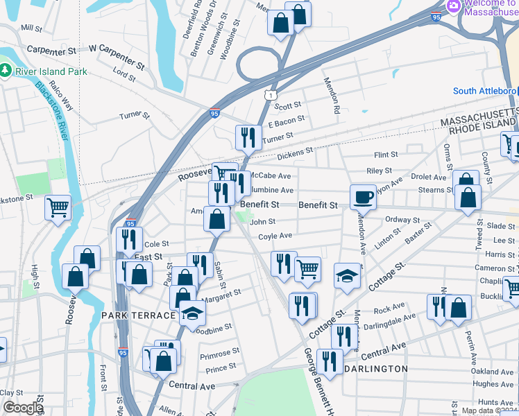 map of restaurants, bars, coffee shops, grocery stores, and more near 60 John Street in Pawtucket