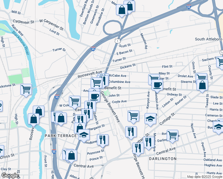 map of restaurants, bars, coffee shops, grocery stores, and more near 60 John Street in Pawtucket