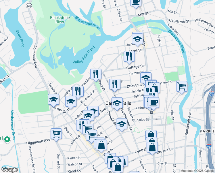map of restaurants, bars, coffee shops, grocery stores, and more near 119 Perry Street in Central Falls