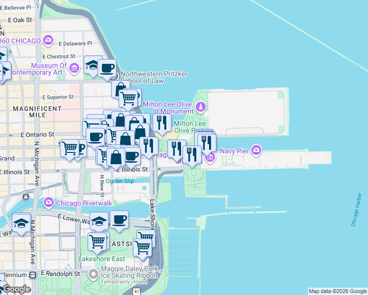 map of restaurants, bars, coffee shops, grocery stores, and more near 550 East Grand Avenue in Chicago