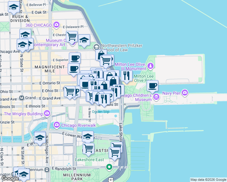 map of restaurants, bars, coffee shops, grocery stores, and more near 530 East Grand Avenue in Chicago