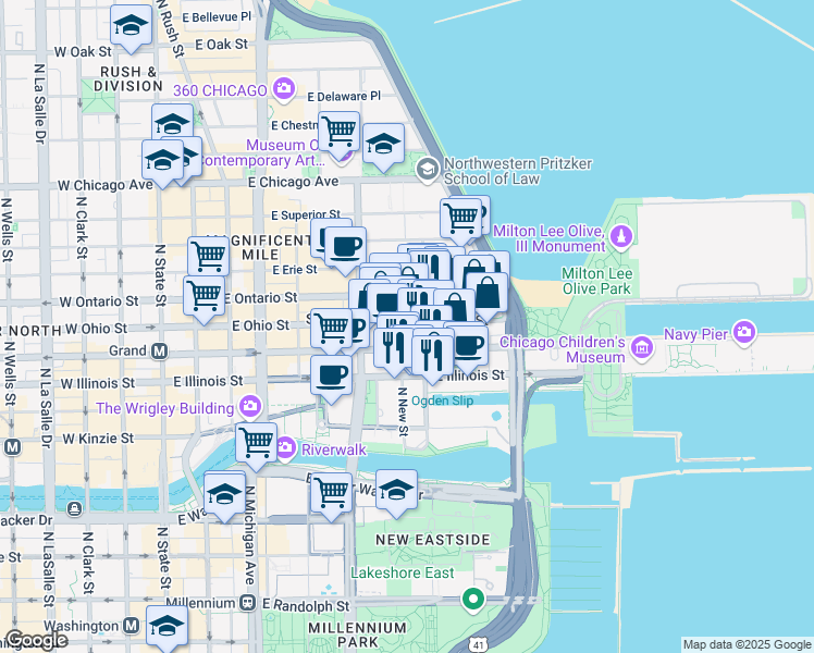 map of restaurants, bars, coffee shops, grocery stores, and more near 342 East Illinois Street in Chicago