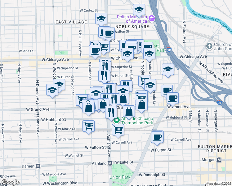 map of restaurants, bars, coffee shops, grocery stores, and more near 530 North Armour Street in Chicago