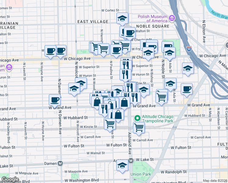 map of restaurants, bars, coffee shops, grocery stores, and more near 1647 West Ohio Street in Chicago