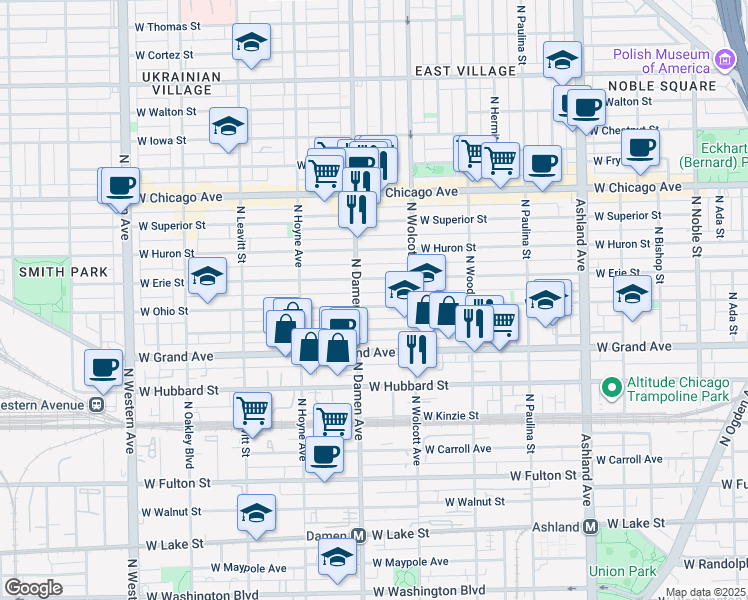 map of restaurants, bars, coffee shops, grocery stores, and more near 1953 West Ohio Street in Chicago