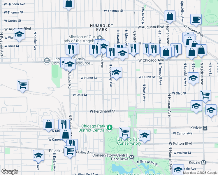 map of restaurants, bars, coffee shops, grocery stores, and more near 602 North Ridgeway Avenue in Chicago