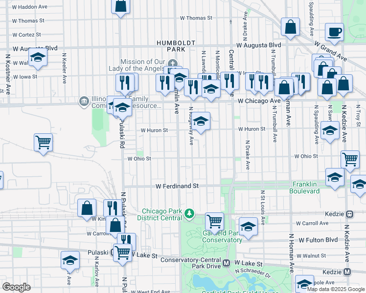map of restaurants, bars, coffee shops, grocery stores, and more near 602 North Ridgeway Avenue in Chicago