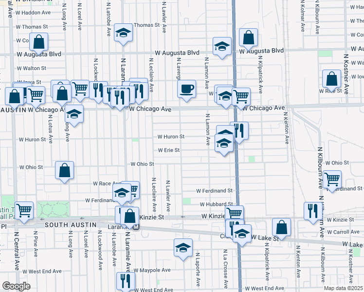 map of restaurants, bars, coffee shops, grocery stores, and more near 4945 West Erie Street in Chicago