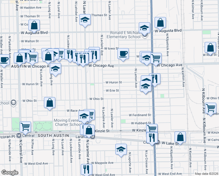 map of restaurants, bars, coffee shops, grocery stores, and more near 5021 West Erie Street in Chicago