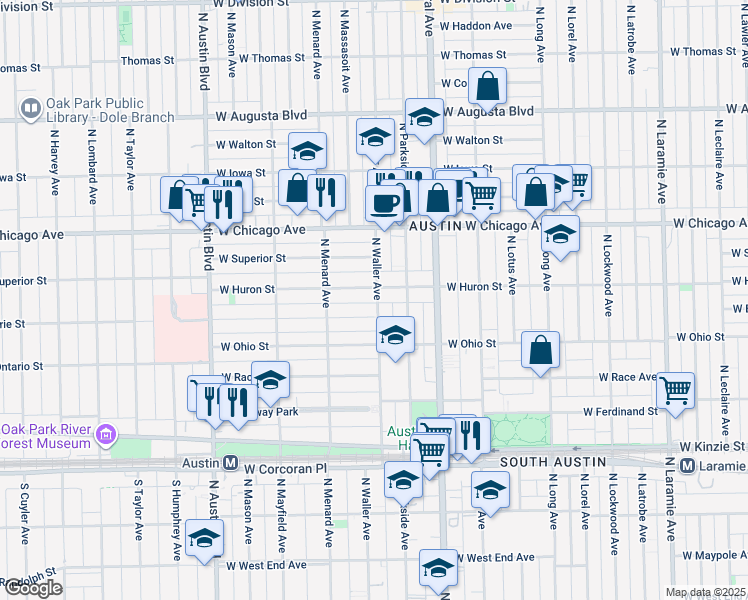 map of restaurants, bars, coffee shops, grocery stores, and more near 5700 West Erie Street in Chicago