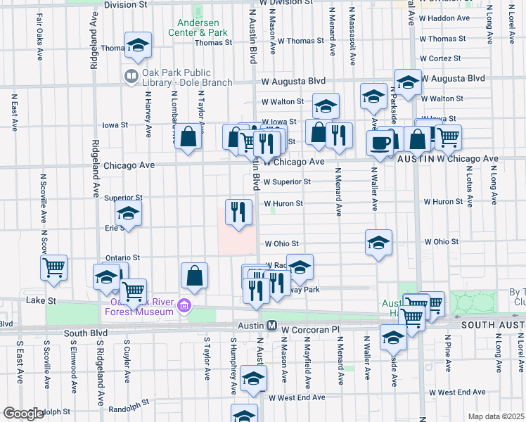 map of restaurants, bars, coffee shops, grocery stores, and more near 5940 West Erie Street in Chicago