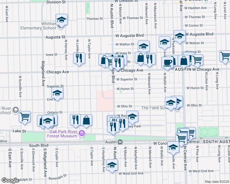map of restaurants, bars, coffee shops, grocery stores, and more near in Oak Park