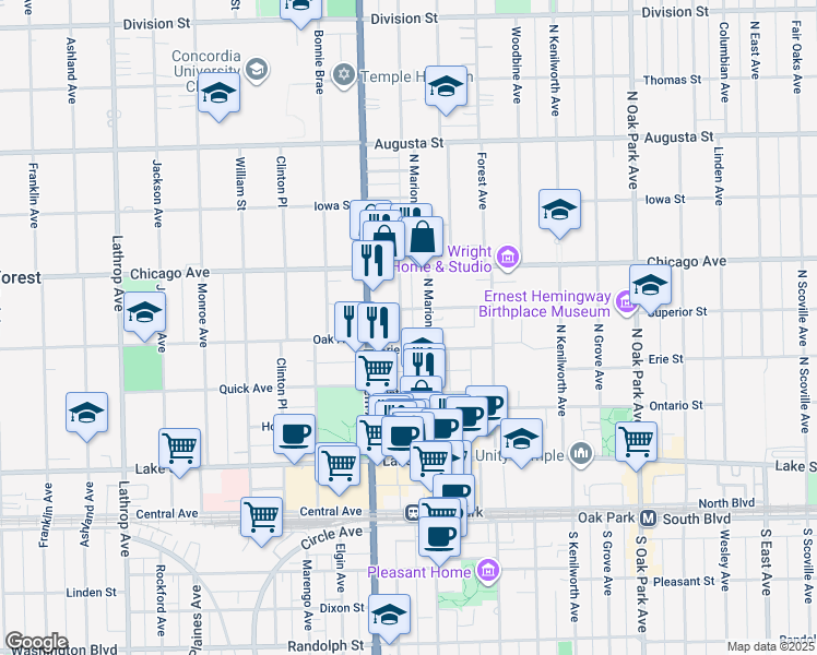 map of restaurants, bars, coffee shops, grocery stores, and more near 303 North Maple Avenue in Oak Park