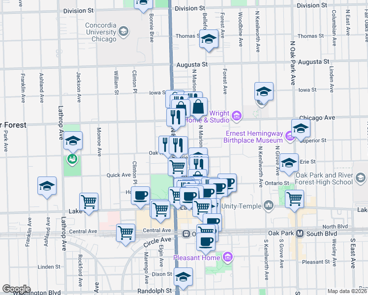 map of restaurants, bars, coffee shops, grocery stores, and more near 303 North Maple Avenue in Oak Park