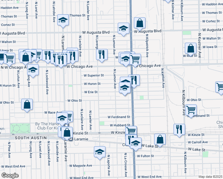 map of restaurants, bars, coffee shops, grocery stores, and more near 4909 West Erie Street in Chicago