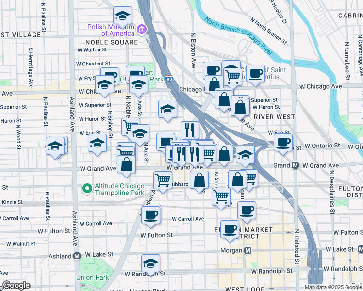 map of restaurants, bars, coffee shops, grocery stores, and more near North Ogden Avenue & West Ohio Street in Chicago