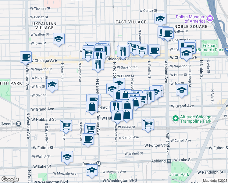 map of restaurants, bars, coffee shops, grocery stores, and more near 1911 West Ohio Street in Chicago