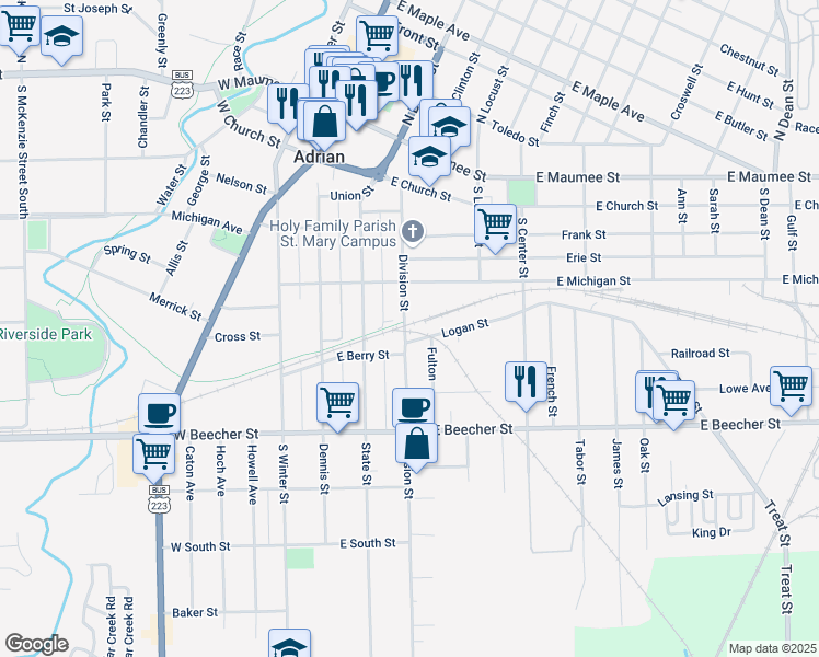 map of restaurants, bars, coffee shops, grocery stores, and more near 322 Logan Street in Adrian