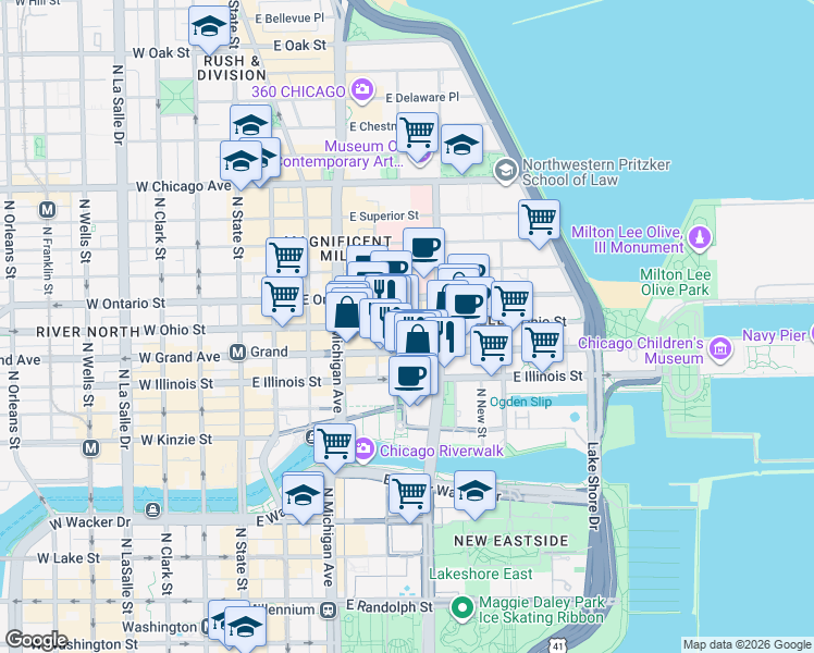 map of restaurants, bars, coffee shops, grocery stores, and more near 211 East Ohio Street in Chicago