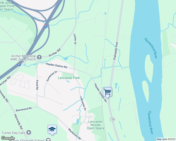 map of restaurants, bars, coffee shops, grocery stores, and more near 130 Hayden Station Road in Windsor