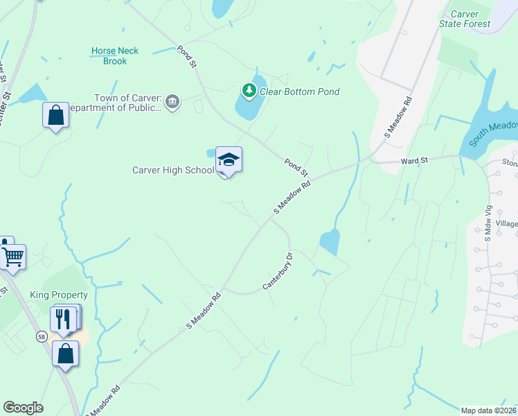 map of restaurants, bars, coffee shops, grocery stores, and more near 66 South Meadow Road in Carver