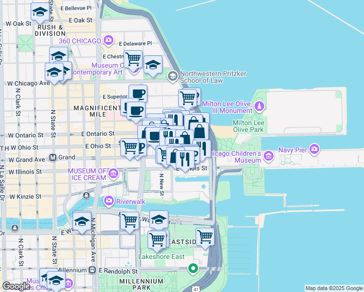 map of restaurants, bars, coffee shops, grocery stores, and more near 423 East Ohio Street in Chicago