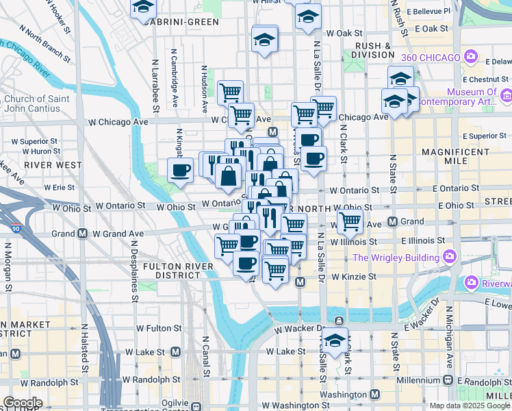 map of restaurants, bars, coffee shops, grocery stores, and more near 320 West Ohio Street in Chicago