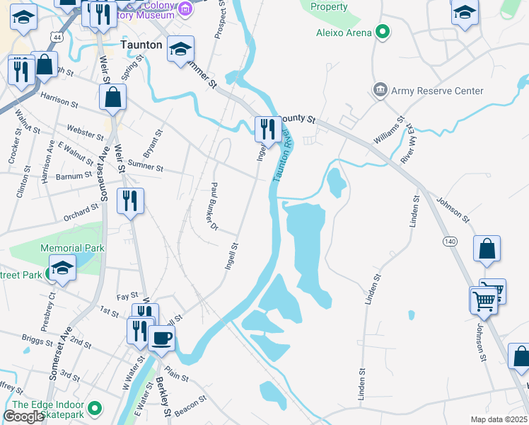 map of restaurants, bars, coffee shops, grocery stores, and more near 52 Ingell Street in Taunton