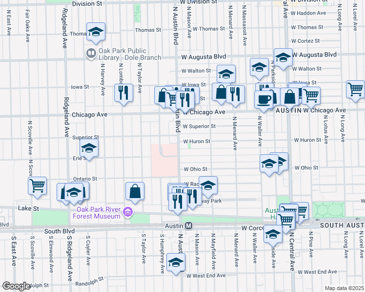 map of restaurants, bars, coffee shops, grocery stores, and more near 5940 West Erie Street in Chicago