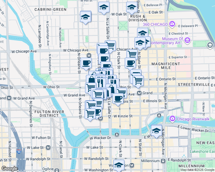 map of restaurants, bars, coffee shops, grocery stores, and more near 540 North LaSalle Drive in Chicago