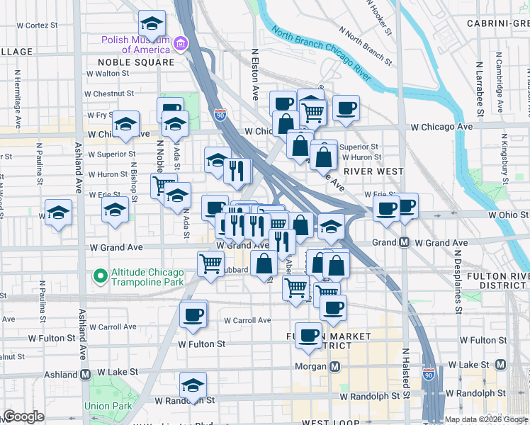 map of restaurants, bars, coffee shops, grocery stores, and more near 1123 West Ohio Street in Chicago